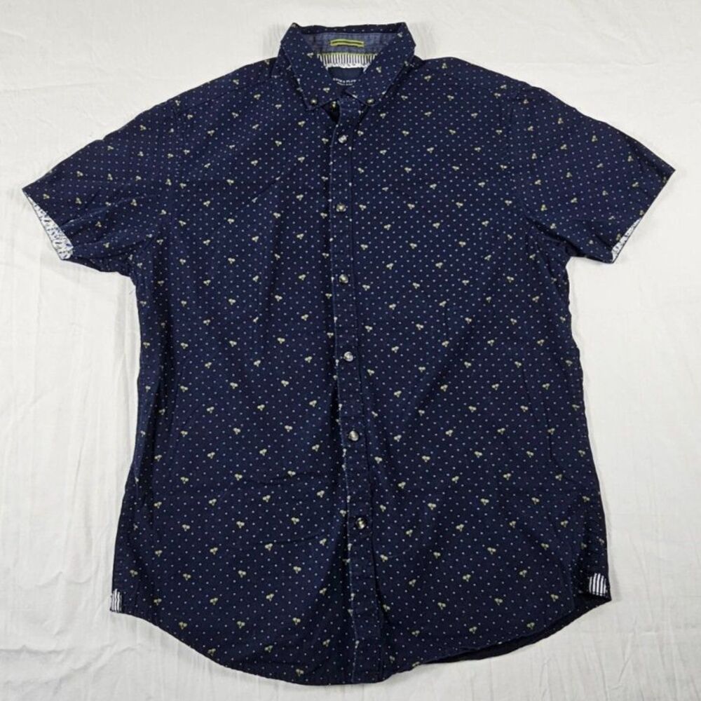 Denim & Flower Ricky Singh Navy Blue Palm Tree Polka Dot Button Up Shirt Men's M